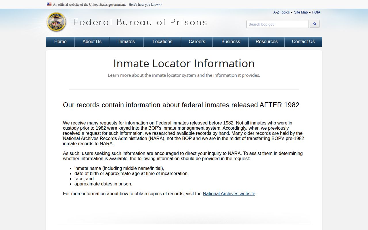 Federal BOP release record explanation for a person connected to Sabine Parish