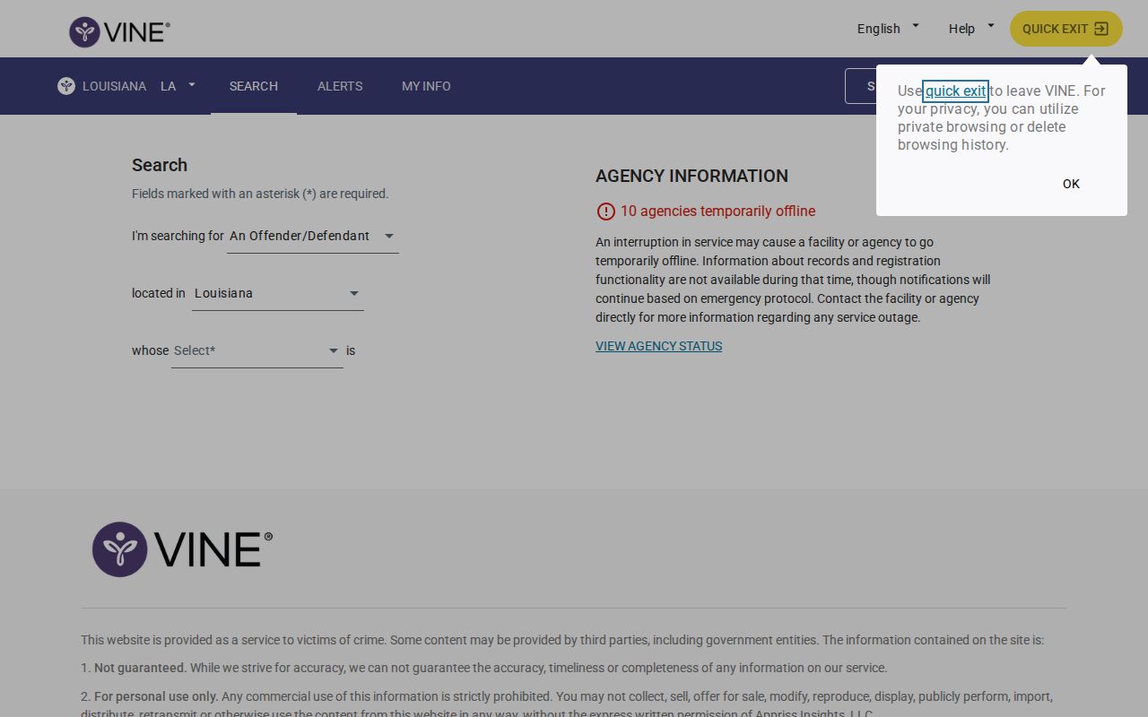 Sabine Parish VINE inmate check on Louisiana VINELink person search