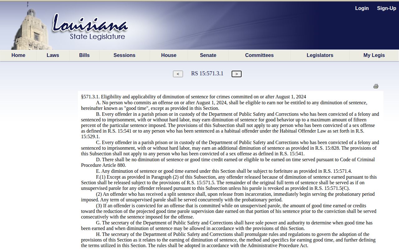 Louisiana good-time statute used for Sabine Parish release date lookup